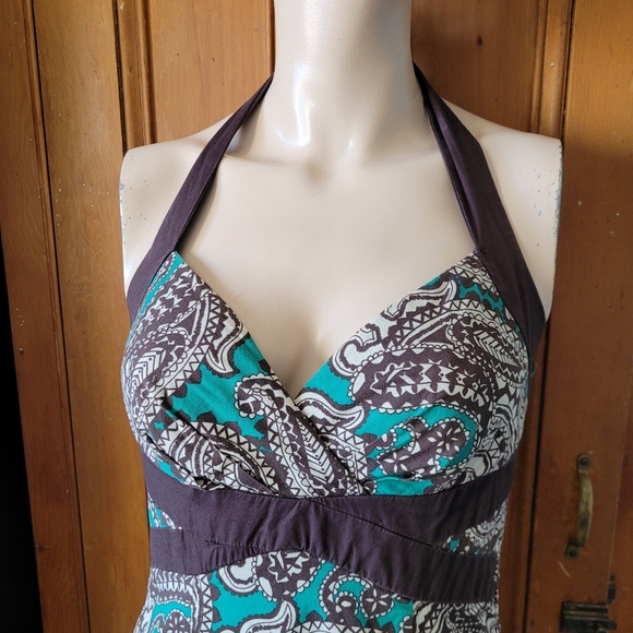Y2K Whimsigoth Paisley Halter Dress With Tulle Hem Teal And Brown Medium - Picture 3 of 15